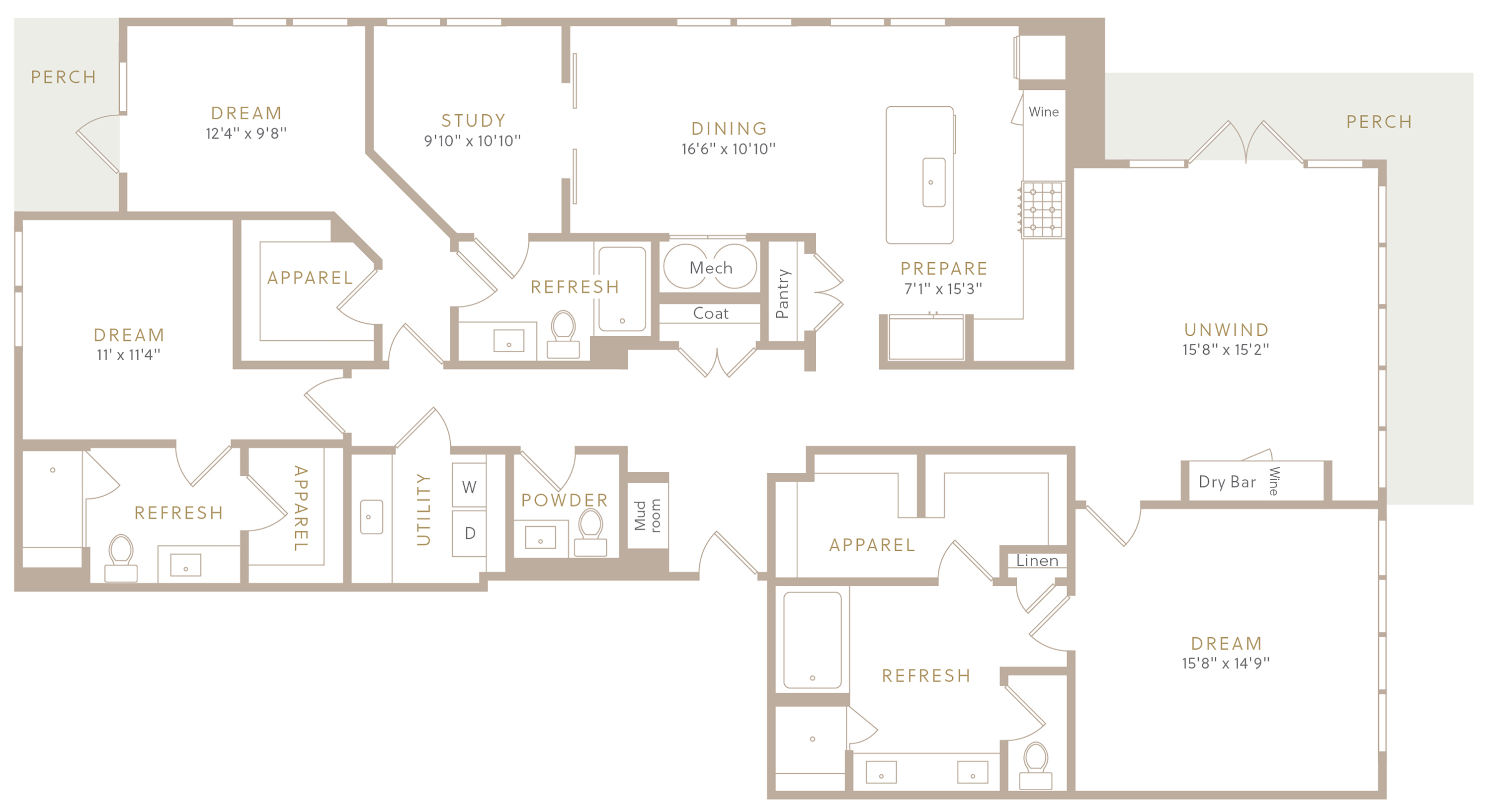 Floor plan for 3 beds, 3 baths
